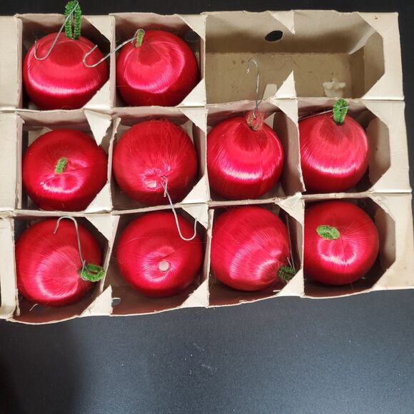 Vintage Red Satin Wrapped Ornaments 1960s Christmas Set of 10 - Picture 7 of 7